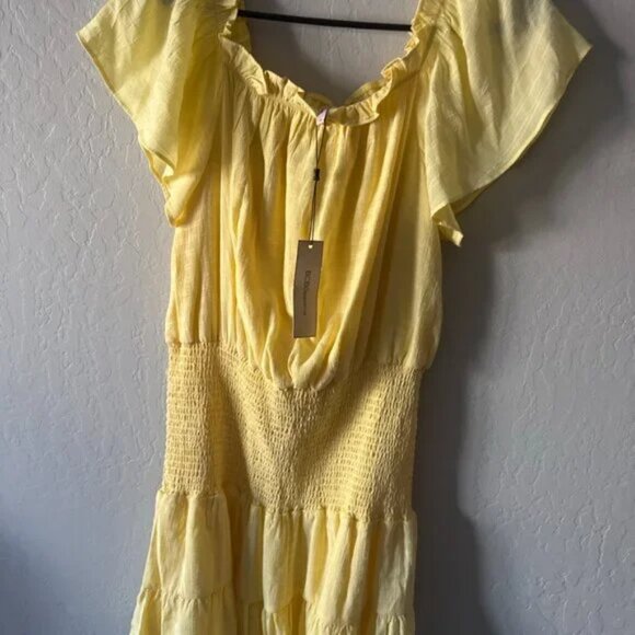 🌼 NWT BCBG Yellow Smocked Ruffle Mini Dress M - Picture 1 of 2